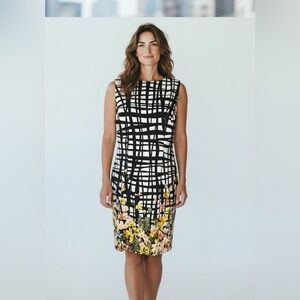 Elegant Black and White Floral Midi Sleeveless Dress Size 16